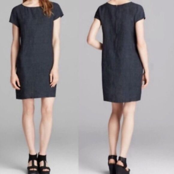Eileen Fisher Dress 100% Linen Shift Lagenlook Pockets Boat Neck Charcoal Gray L - Picture 9 of 9